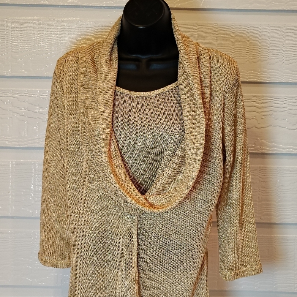 Coco Bianco Women's Small Gold Metallic Cowl Neck Sweater Y2K Grail Art To Wear